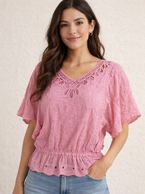 Democracy Pink Crochet Lace V-Neck Peplum Blouse